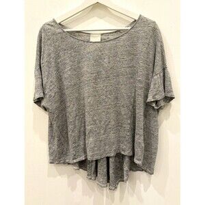 HEATHER Womens Gray White Striped Linen Ruffle Scoop Neck Pullover Tee lagenlook